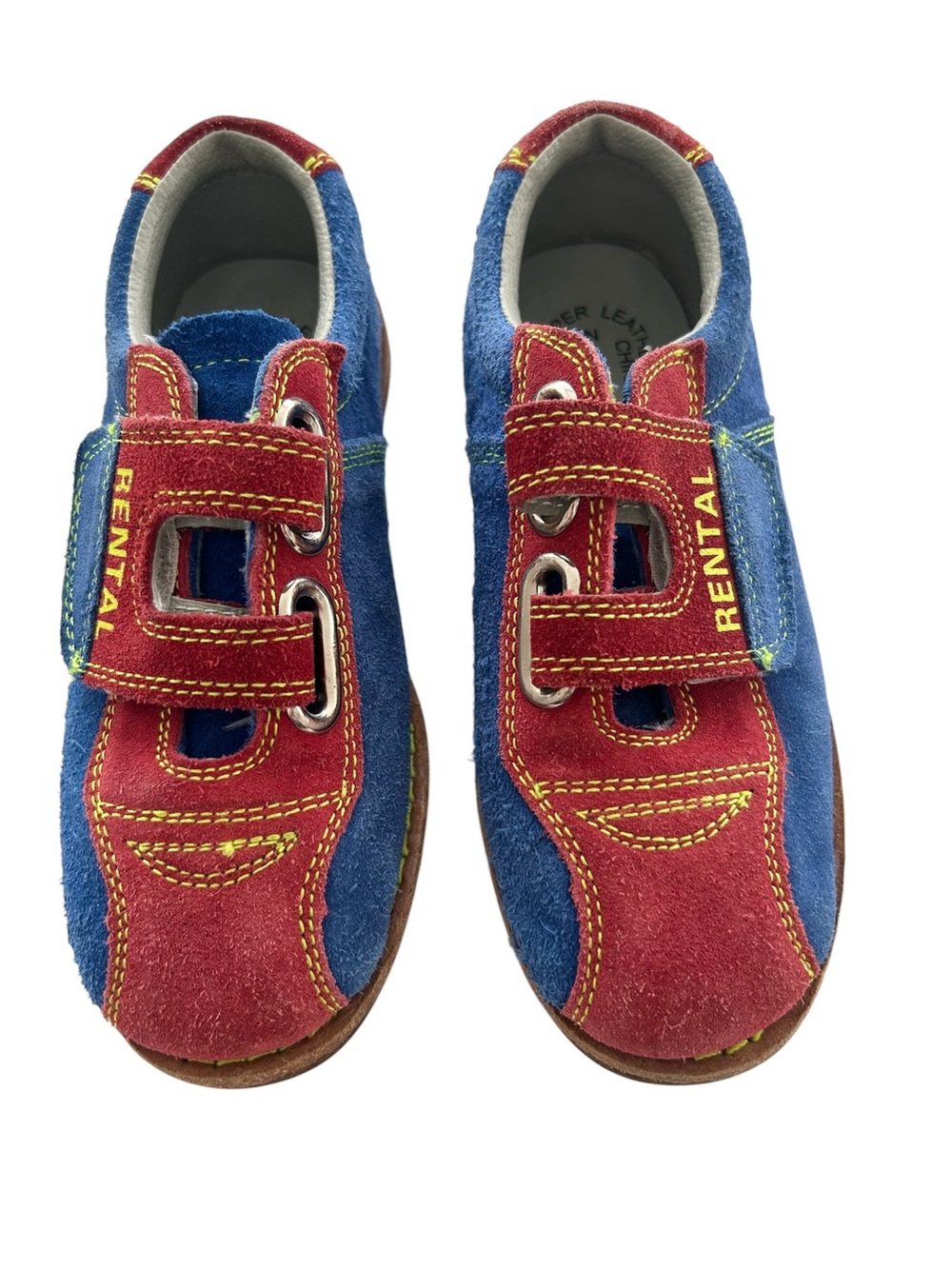BSi Red Blue Leather Bowling Shoes Hook Loop Straps Leather Soles Unisex Sz 2